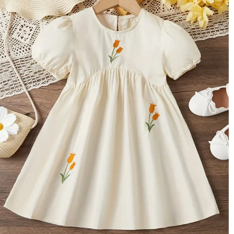 Girls\' Korean Flower Embroidered Bubble Short Sleeve Irregular Waist Princess Dress Vestidos Casual  Girls Dress Outfit 2-6Y