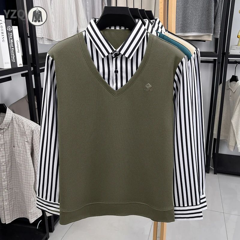 Men Casual Fake Two Piece Long Sleeve Top Striped Shirt Sweater Vest Combo For Men