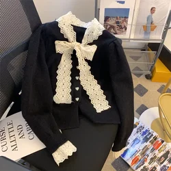 French Autumn Winter Lady Graceful Lace Bowknot Pathwork Sweater Cardigan Lady Sweet Pink Knitted Bottoming Tops New Knitwear