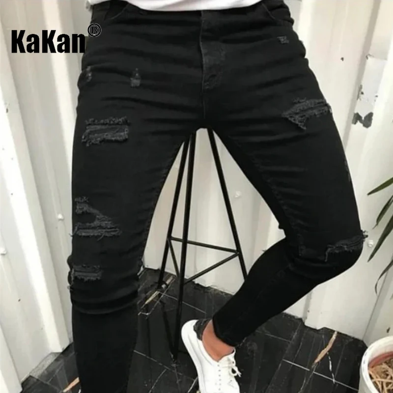 

Kakan - New Men's Small Leggings Solid Color Jeans, Y2k High Quality Patchwork Piercing Long Jeans Jeans Man Brand