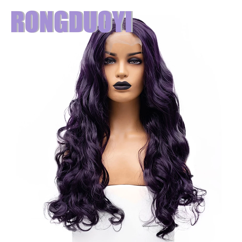 RONGDUOYI Dark Purple Synthetic Wig Body Wave Purple Hair Side Part Heat Resistant Cosplay Makeup Use Women Girls Purple Wig