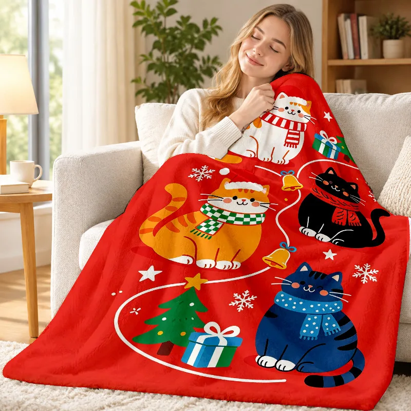 Holiday Xmas Cat Throw Blanket Xmas Tree Bell Gift Snowflake Red Base Soft Flannel for Party Camping Sofa Lap Holiday Home Decor
