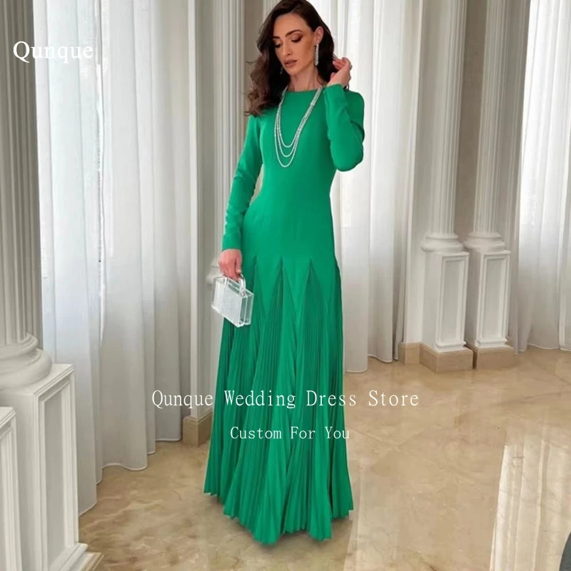 

Qunque Green Elegant Evening Gown Long A Line Satin Customized Full Sleeves Backless Dubai Formal Event Dresses for Prom Dres