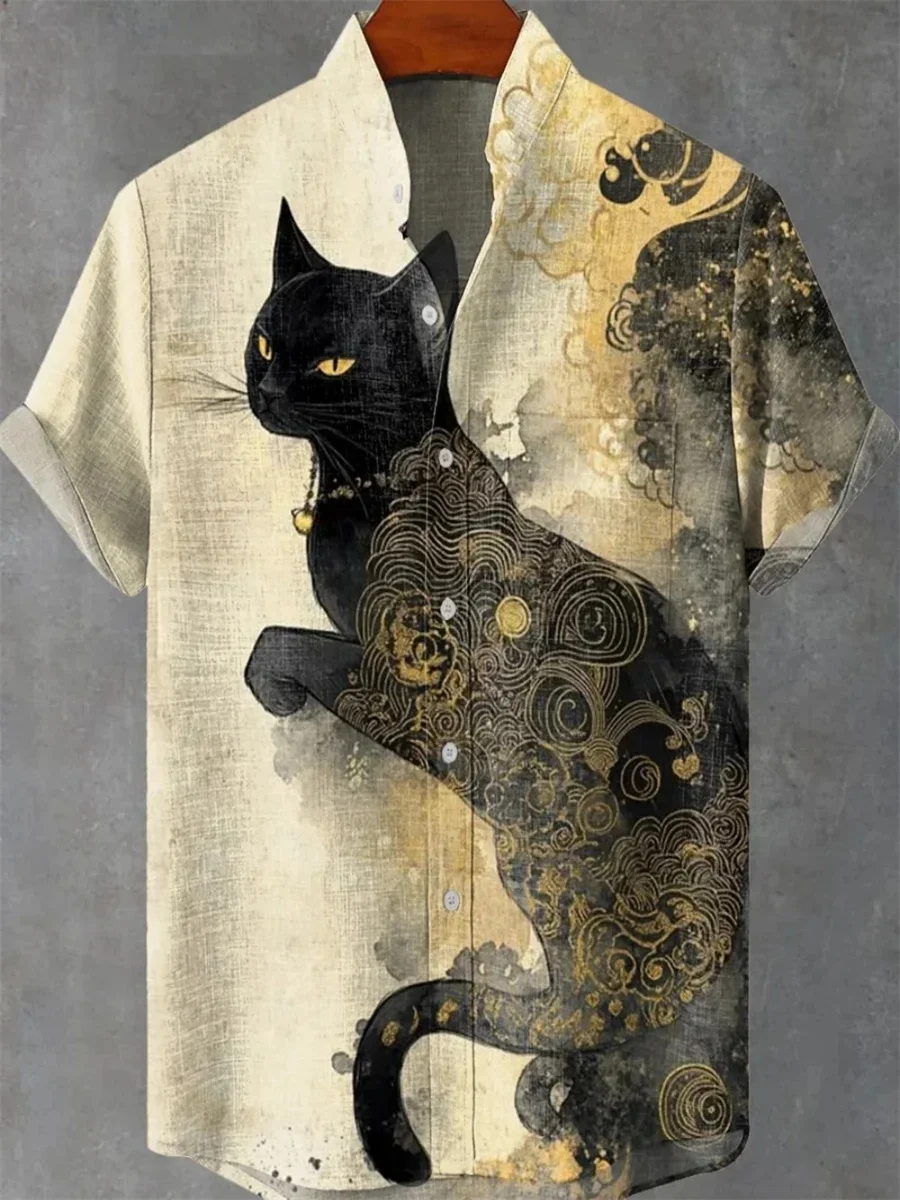 

New Men's Art Print Cartoon Cat Pattern High Quality Men's Casual Linen Comfortable Short Sleeve Stand Collar Shirt