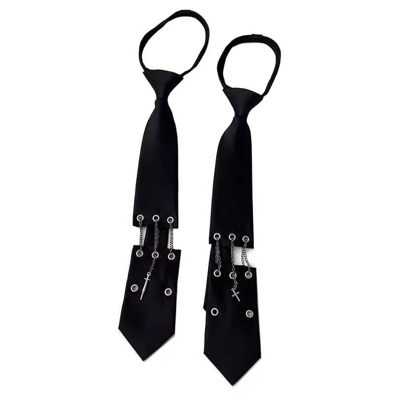 2023 Neutral Punk Zipper Black Chain Tie for Men and Women DIY Handsome trendy Hole Tie  2023