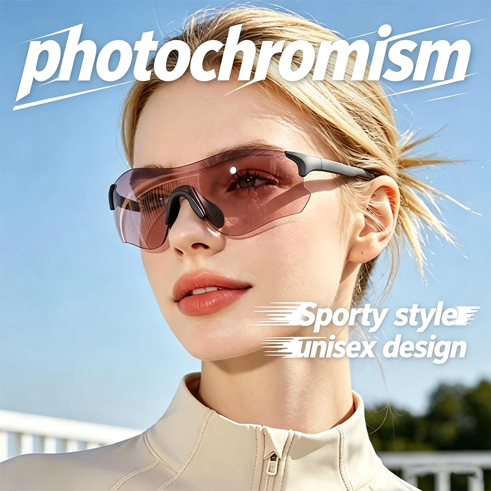 Photochromic Cycling Sunglasses for Women Men Rimless Sport Outdoor Sun Glasses Unisex Smart Light‑Sensitive Eyewear with