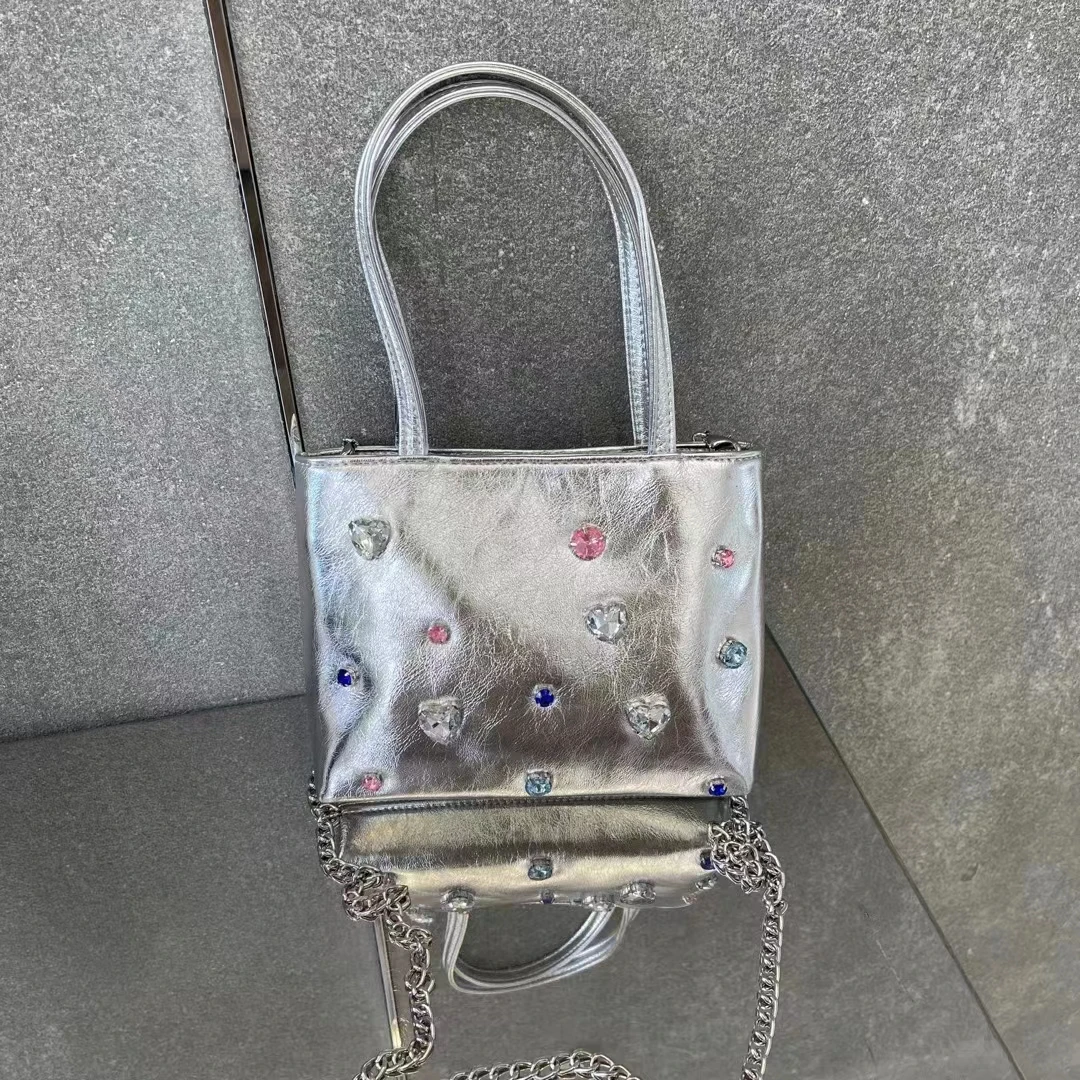 2023 Summer Autumn Versatile Silver Rhinestone Bag Woman Versatile Hand-Held Carrying One-Shoulder Cross-Body Chain Small Bag