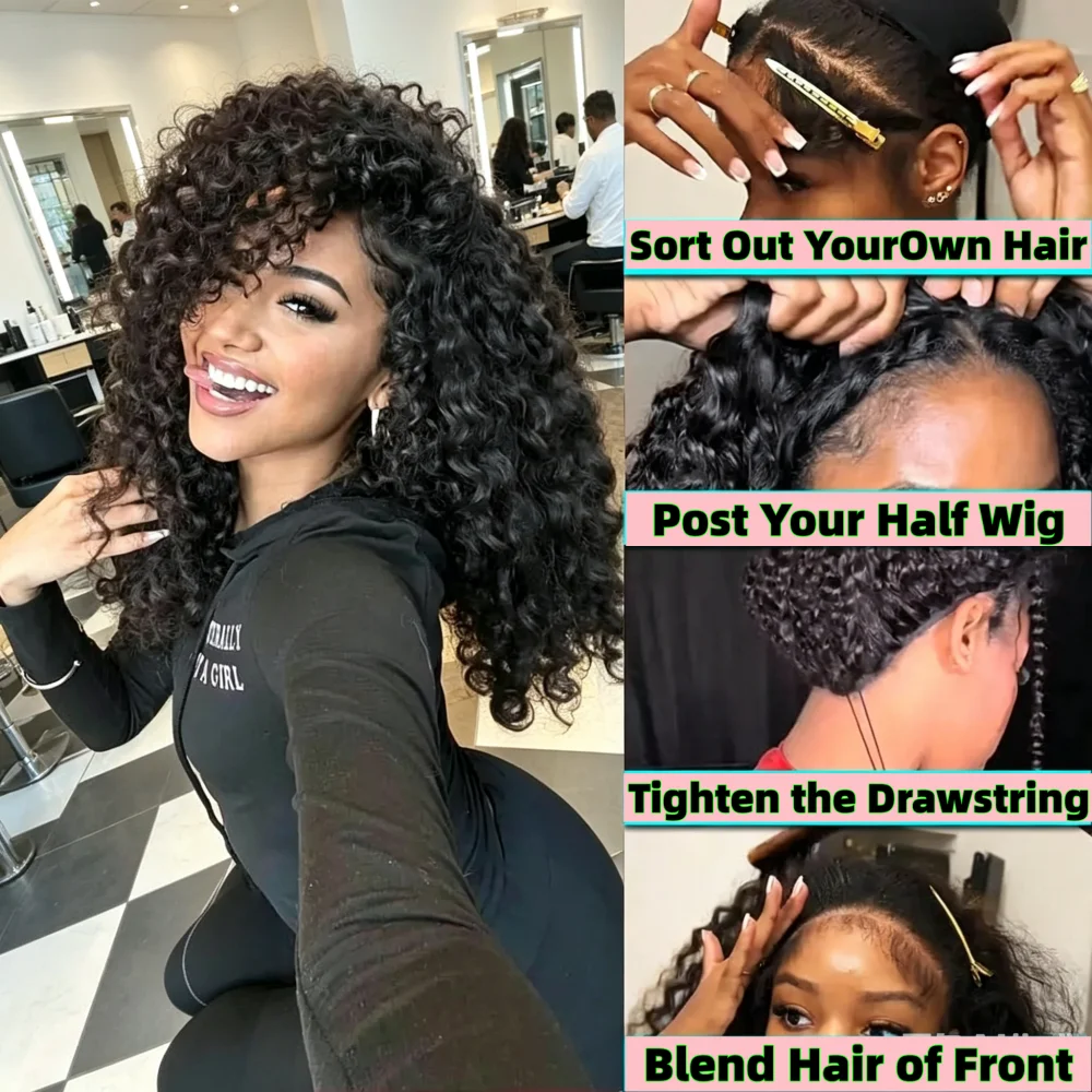 

3 In 1 Water Wave Human Hair Half Wig Seamless Flip Over Design 250 Density Soft Deep Curly Drawstring Half Hair Wig Easy Install Daily Styling Hair
