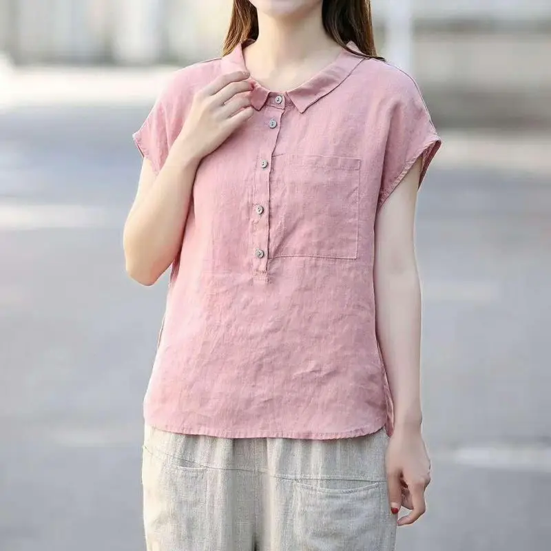 

New Summer Women's Peter Pan Collar Button Casual Short Sleeve Fashionable and Age Reducing Loose Cotton and Linen Shirt Tops