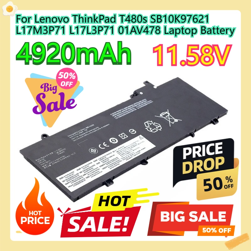 

For Lenovo ThinkPad T480s SB10K97621 L17M3P71 L17L3P71 01AV478 Laptop Battery 11.58V 4920mAh