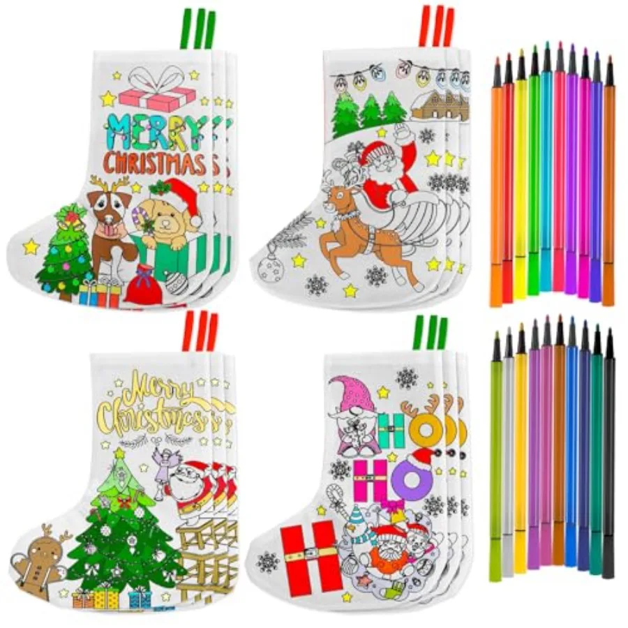 12 Pcs Christmas Stocking Kit DIY Christmas Stocking Crafts with Paint Pens Color Your Own Xmas Tree Santa Elk Stockings HO HO