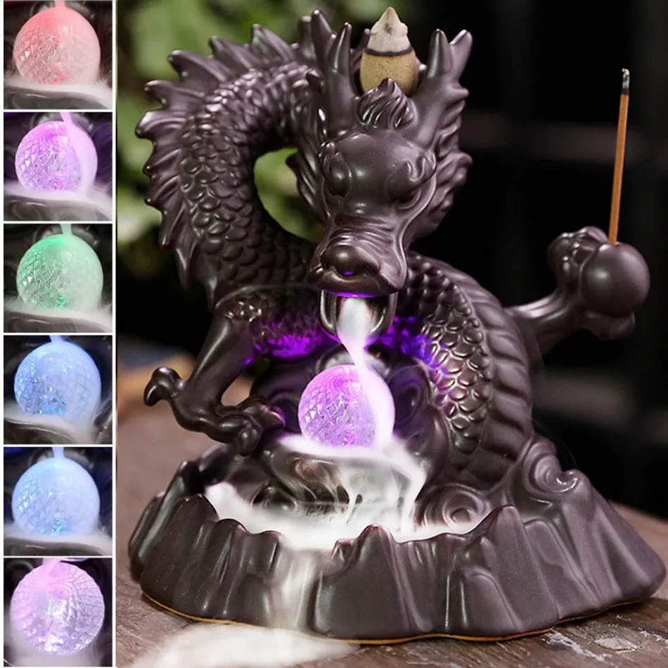 

Home Decor 7-Color Change Incense Burner Handmade Ceramic Dragon Backflow Incense Burner Creative Smoke Waterfall Incense Holder