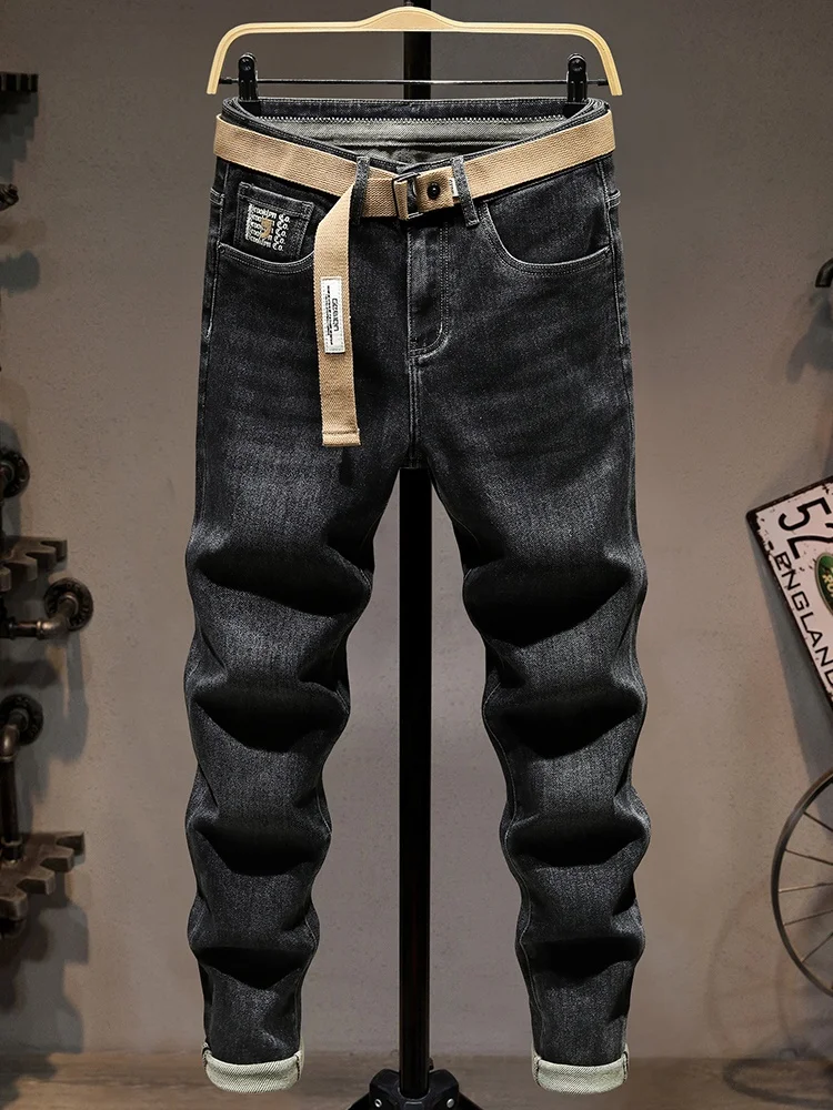 

Мужские джинсы Slim Fit из эластичного денима, новинка 2025 года, корейский стиль, прямой крой, молодежные, повседневные, универсальные, длинные брюки из хлопка с эластичной тканью