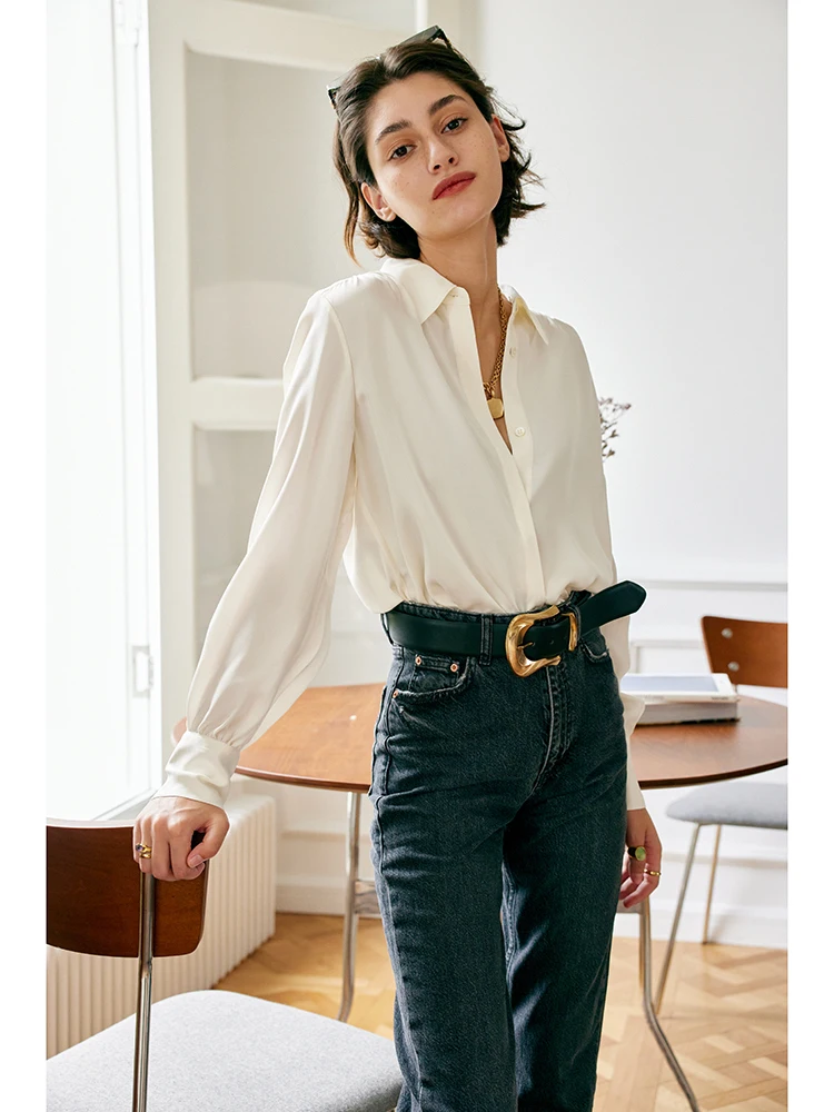 SuyaDream, Woman White Shirts, 95%Mulberry Silk 5%Spandex, Turn Down Collar Solid Blouses 2024 Spring Summer Office Lady Top