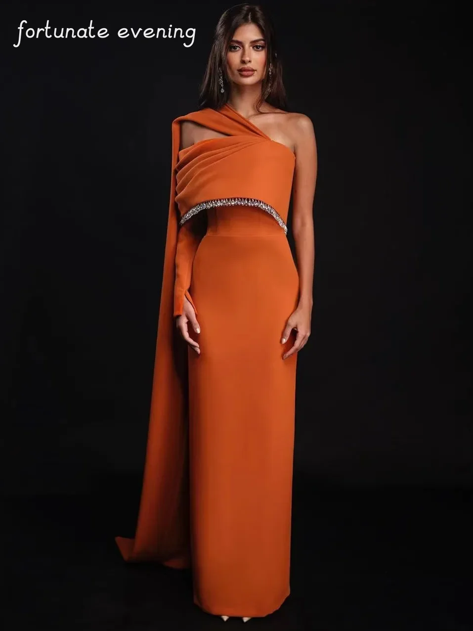 Fortunate Evening Elegant Vintage Orange Ruffle Crystal Beaded One Shoulder Formal Occasion Prom Dresses Evening Party Gowns