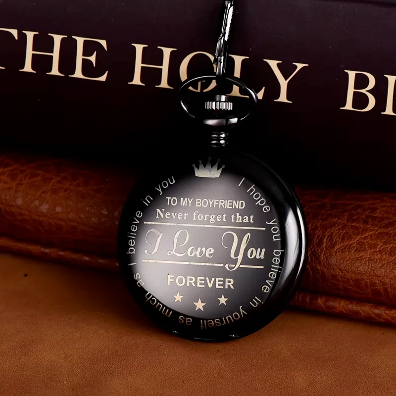 Orologio da tasca con design a corona Orologio da tasca al quarzo con superficie di lettere inglesi Catena in vita Orologio da appendere a catena Orologio da tasca in lega nera