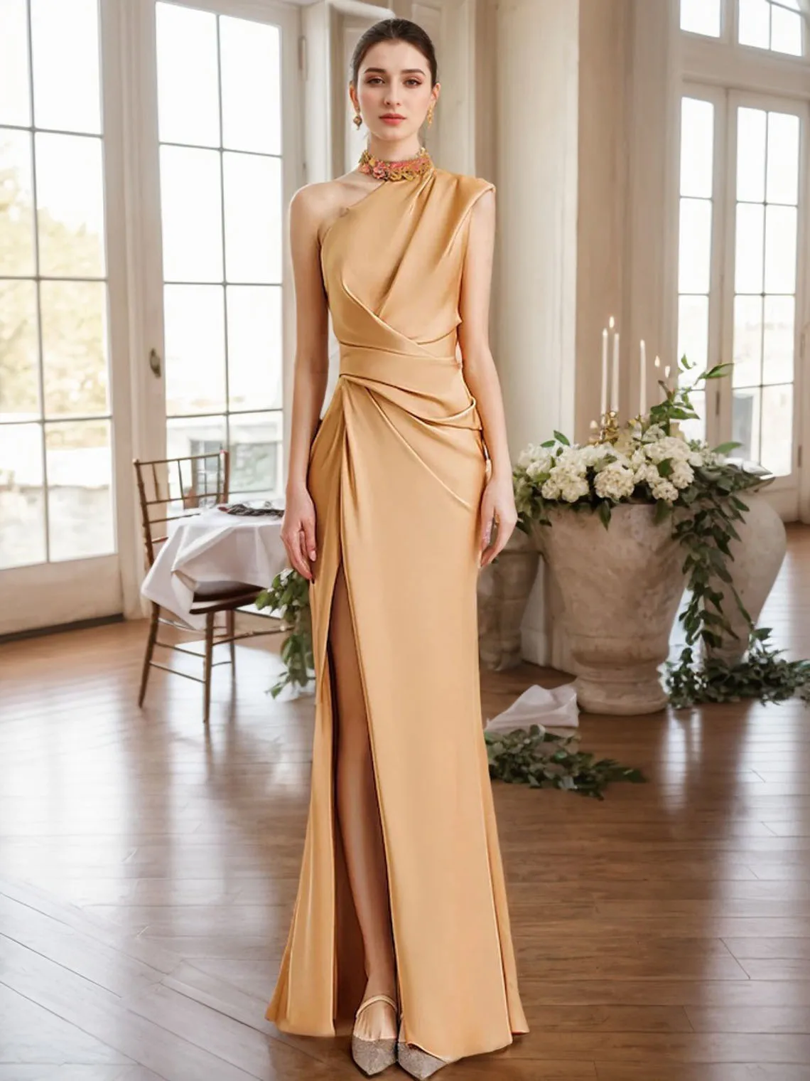 

Elegant Mermaid Formal Evening Dress Sleeveless Satin One Shoulder Ruffles High Split Wedding Guest Dress 2025 Free Customized