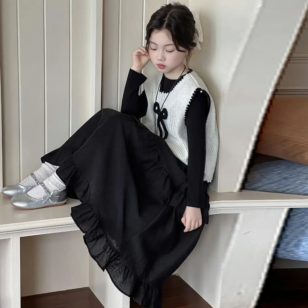 

Kawaii модный свитер для девочек, жилет, футболка, комплект с юбкой, студенческий осенний повседневный трикотаж, платье принцессы, комплект из 3 предметов, детская одежда