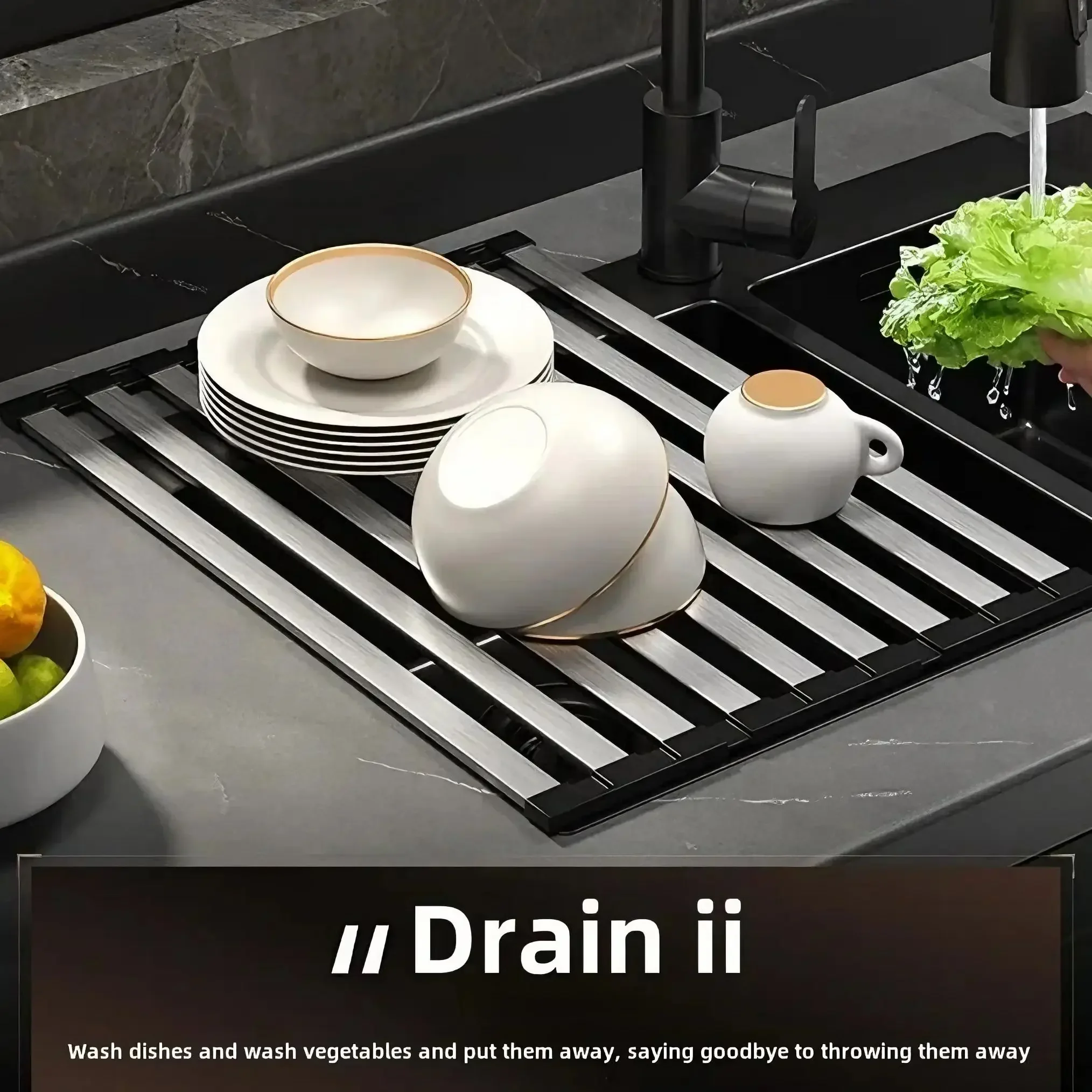 طوي قابل للسحب 304 حوض مطبخ ستنلس ستيل استنزاف رف طبق سلة التخزين - منظمة المطبخ بالوعة حامل السلطانية