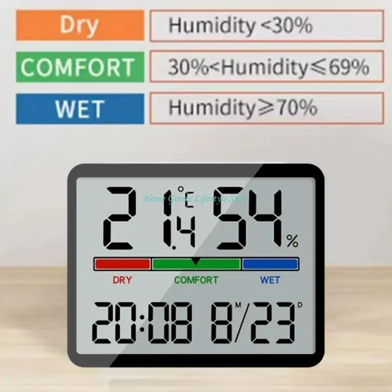E74E Temperature Humidity Meter Desk Testing Meter with Time Date Display Large LCD