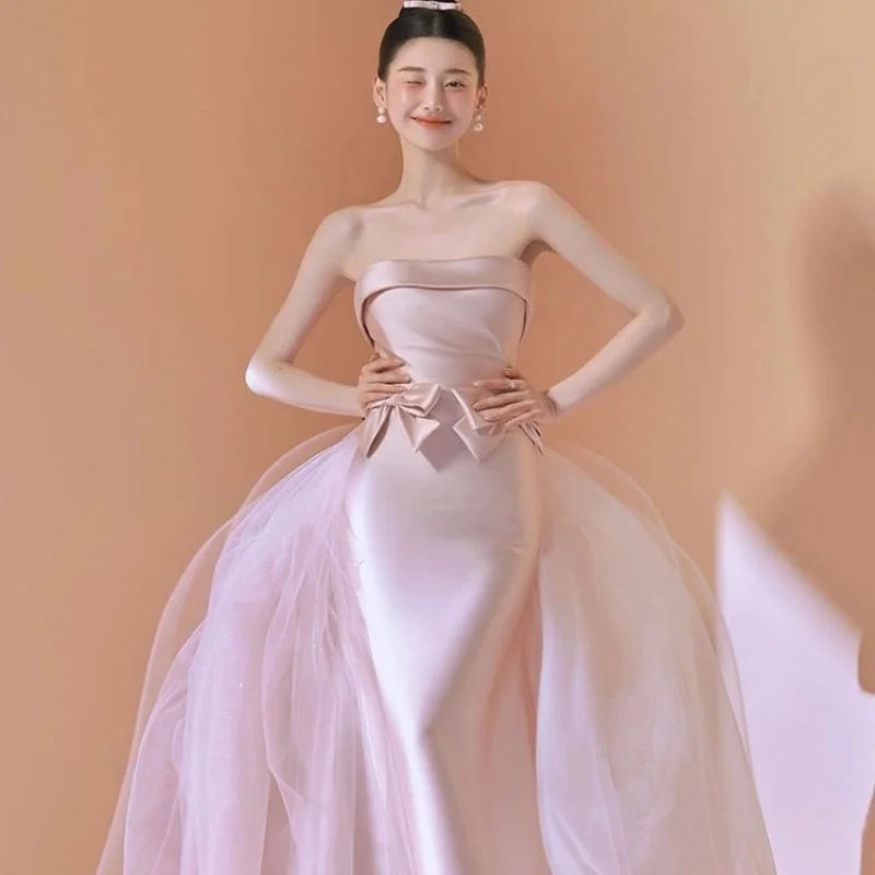 

Photo Studio Theme Wedding Dress Pink Couple Strapless Waist-Cinching Mermaid Butterfly Satin Sleeveless New Korean Style Gown