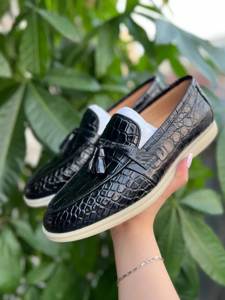 Italian Handmade Real Crocodile Leather Shoes Men Business Work Casual Shoes Vintage Tassels Slip On Loafers Driving Shoes 44
