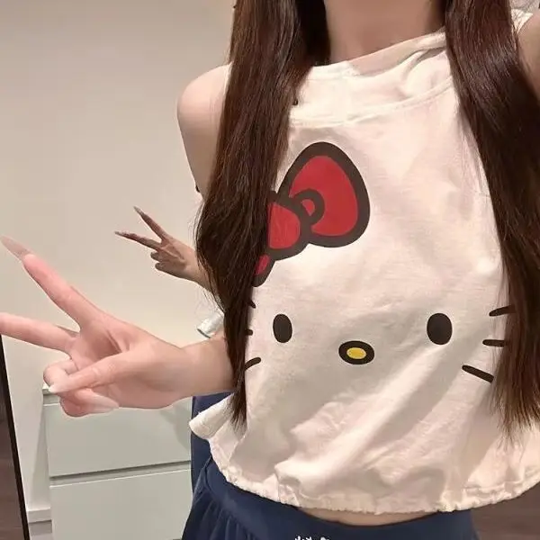 Short Sleeved Sleeveless T-Shirt for Girls Hello Kitty Summer New Item Age Reducing Sanrio Hooded Tops Women's Design Spicy Girl