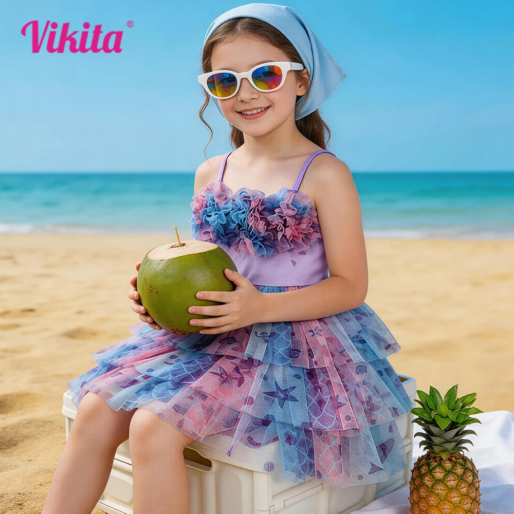 Robe tutu sirène lavande VIKITA pour fille, robe de princesse pastel à écailles de poisson pour enfants, robe d'été superposée pour les vacances