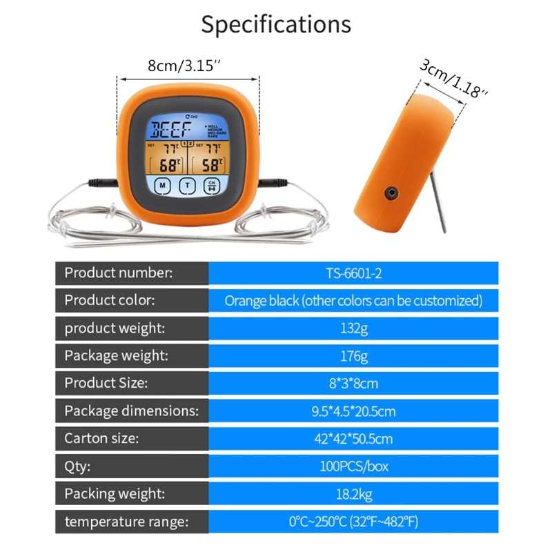 Digital Meat Thermometer With 2 Probes Alarm Backlight Magnetic Temperature Meter Compatible With Cooking Oven BBQ Grill