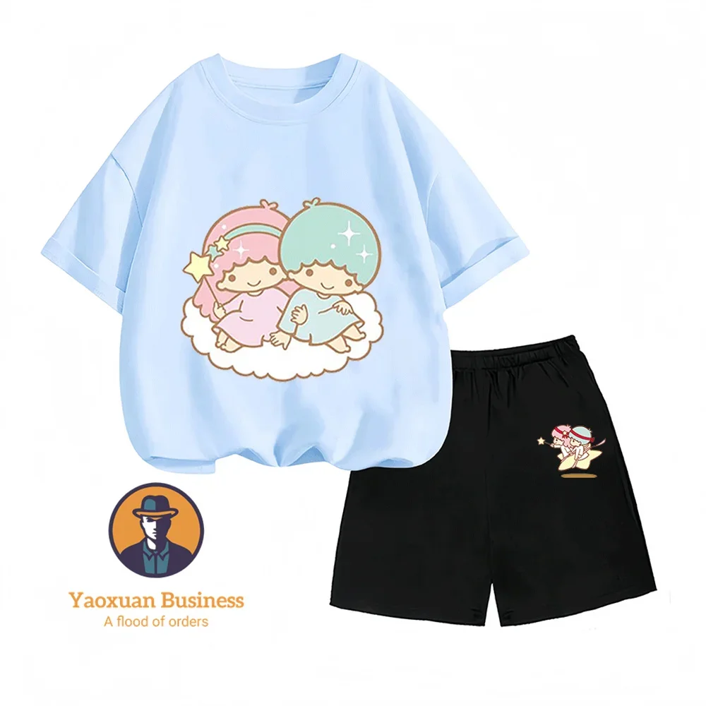 

2026 Junior Kids Pure Cotton Little Twin Stars Cartoon Crew Neck Two Piece Summer Daily Clothing