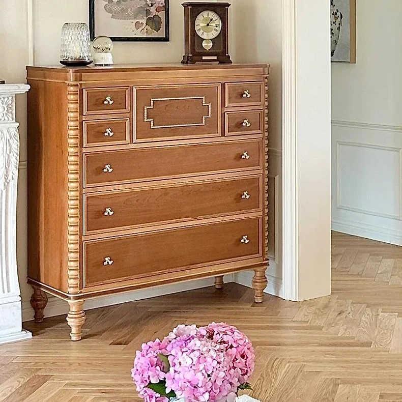 

French retro solid wood carving flower chest cabinet ash wood retro old storage wall decorative storage