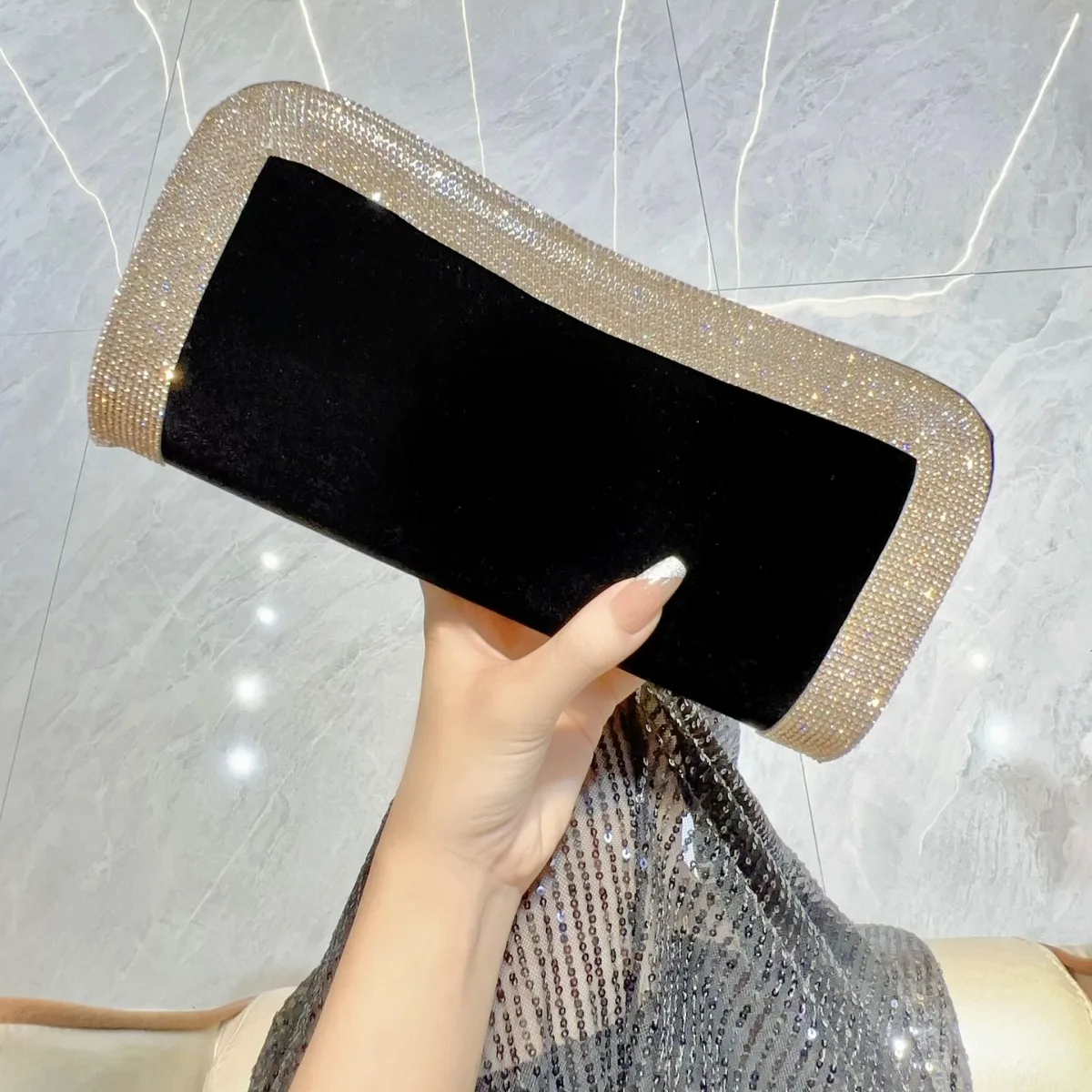 Women Rhinestone Border Velvet Clutch Bag, Rectangle Hard Frame Evening Hand Purse, Elegant Wedding Party Dinner Handbag