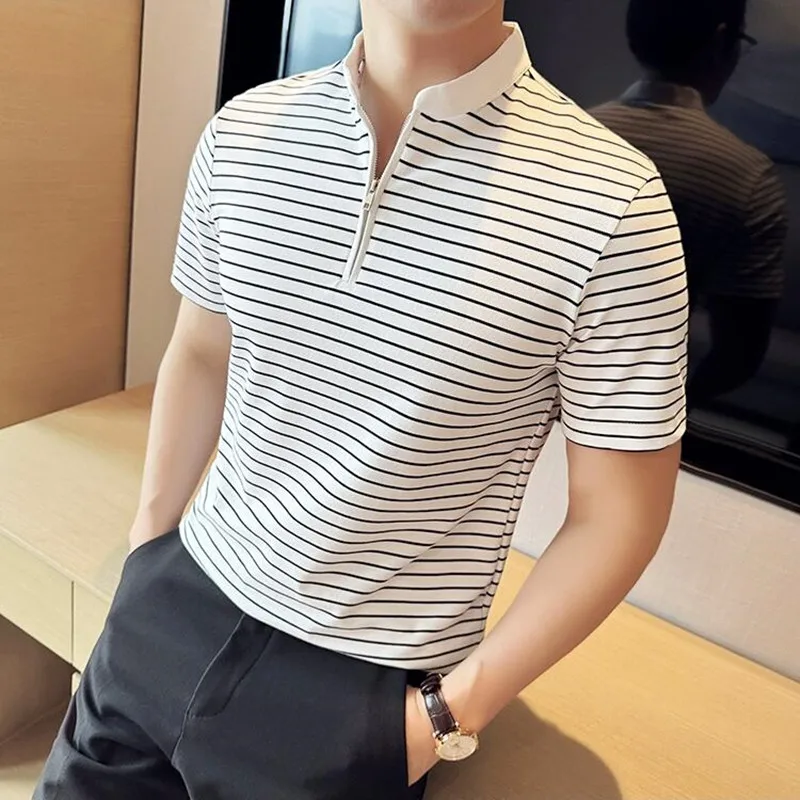 2024 Summer New Stand Collar Striped Half Zipper Contrast T-shirt Men Chinese Style Fashion Casual Business Social Polo Shirts