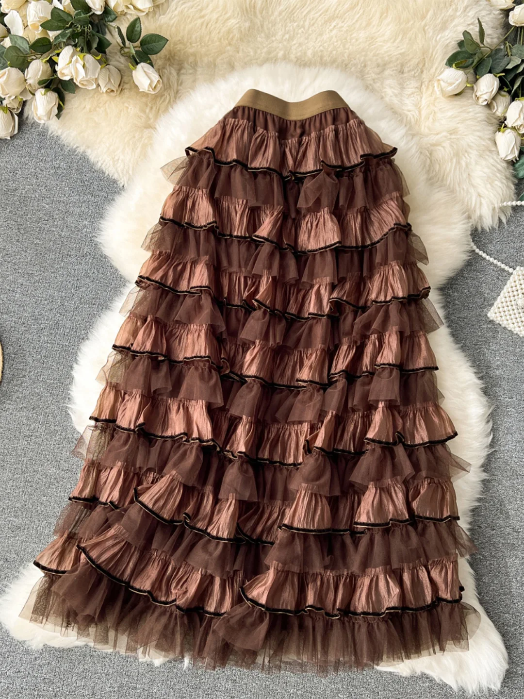 Croysier New Skirt 2024 Fall Winter Clothes Women Sweet Tiered Ball Gown Mesh Skirt High Waist Elegant Casual Party Long Skirts