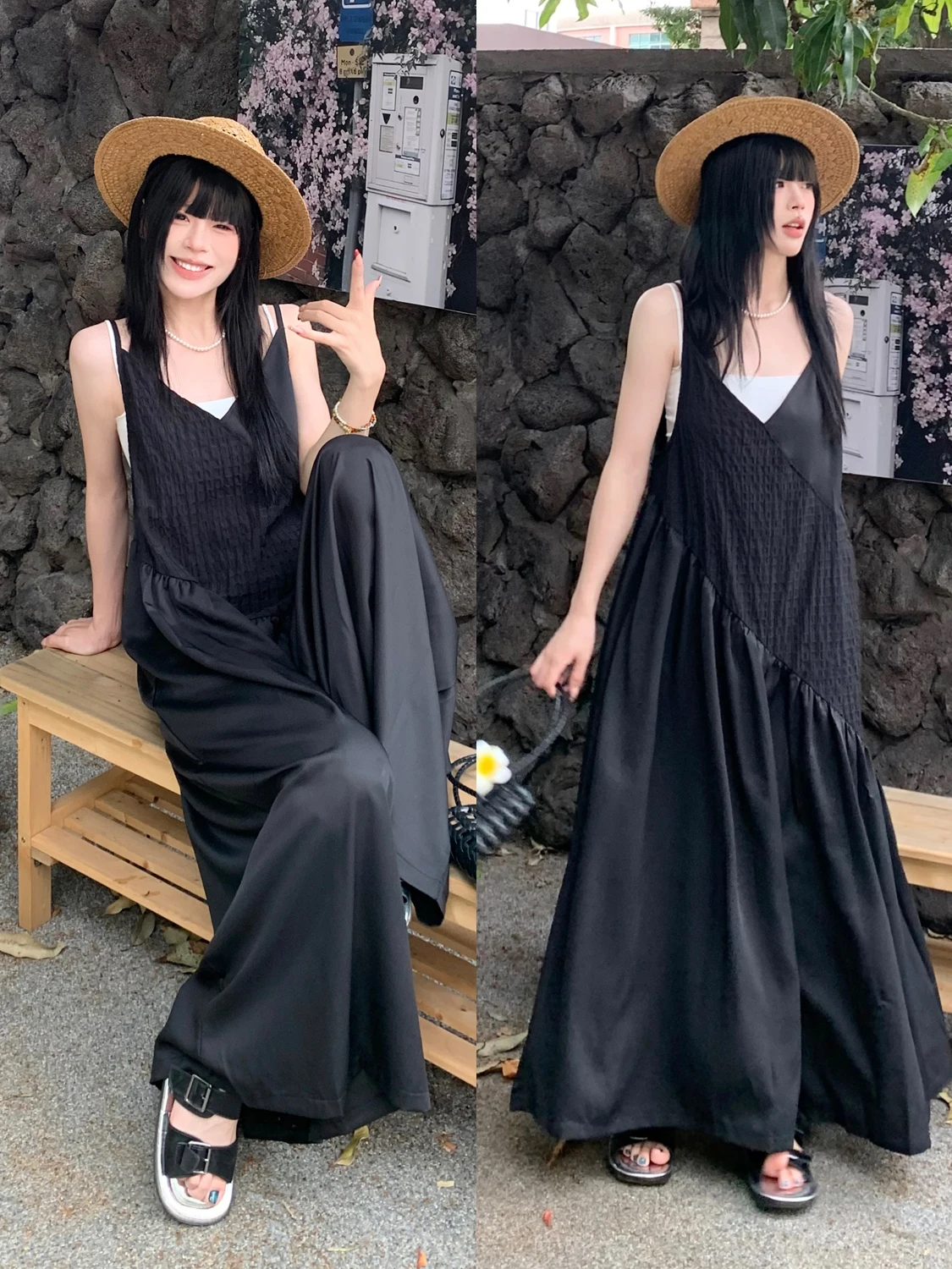 

Original MZ Stylish Retro Black Strap Romper Women Summer Elegance V-Neck Cool Wide Leg Pants High Waist Long Pants Polyester