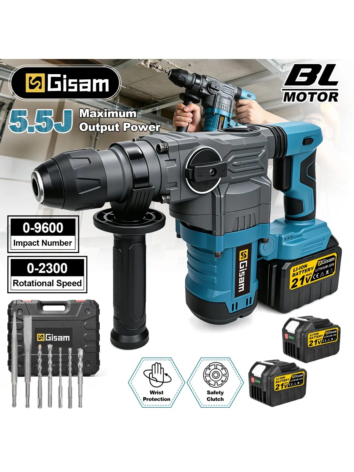 Gisam 5.5J Bürstenloser Elektrohammer Hochleistungs-Bohrhammer Abbruchhammer Schwerlast-Bohrhammer Beton-Schlaghammer Meißelwerkzeug für Makita Akku