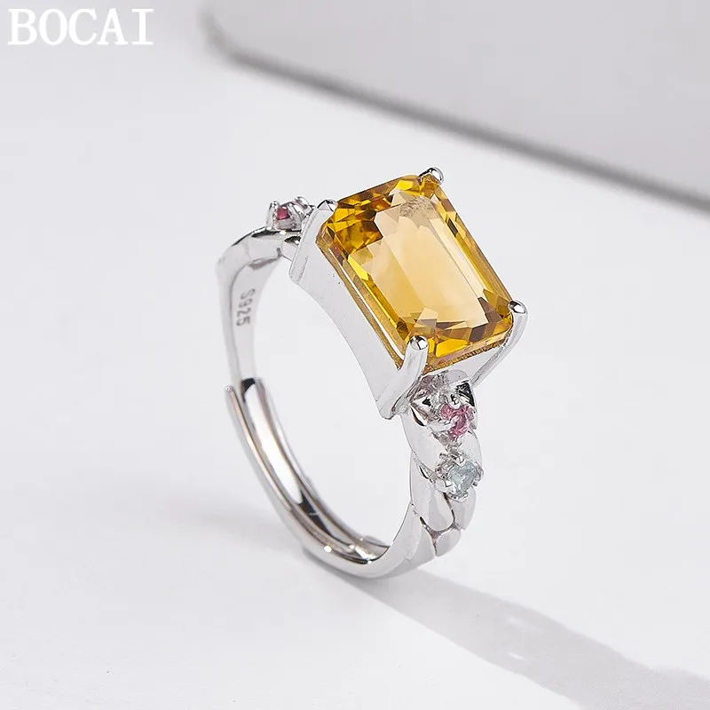 BOCAI New S925 Silver Simple yet Luxurious Square Yellow Crystal Engagement Ring Women's Choice Gift