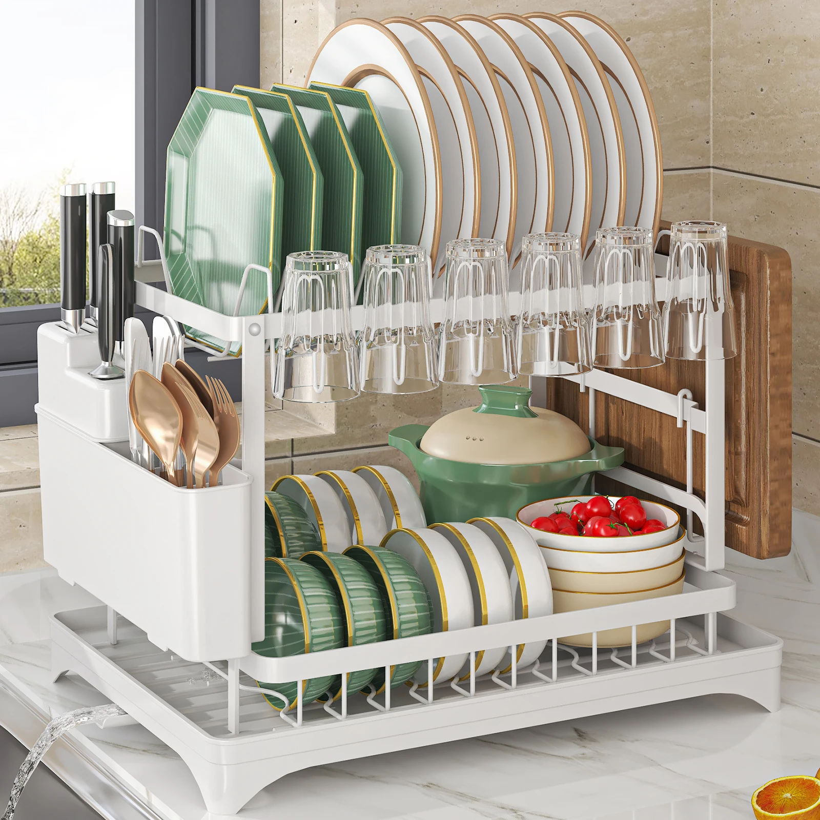 2 tier,dish drying rack,Cutlery rack with spout and draining tray,cutlery holder,cup holder,kitchen countertop storage rack