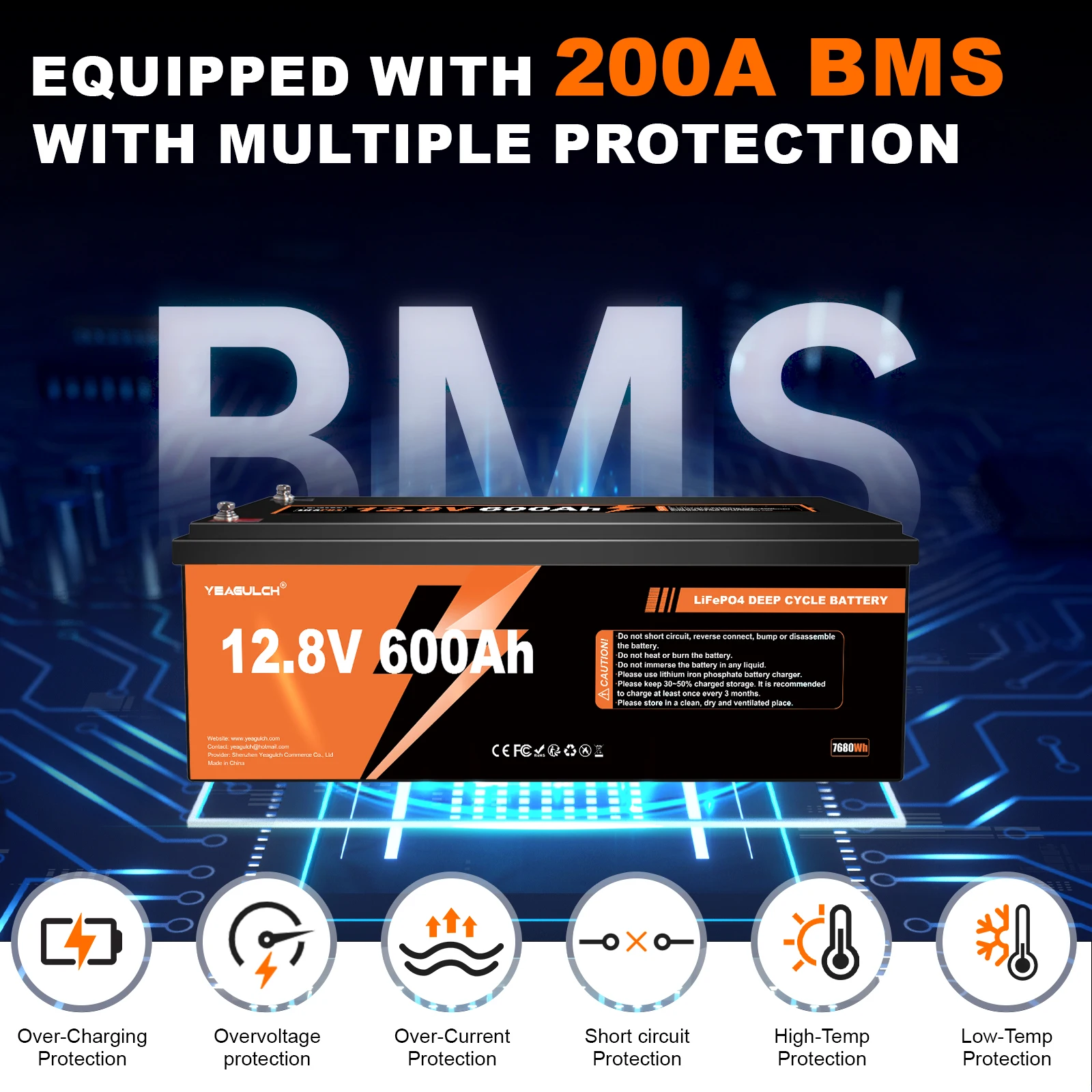 بطارية ليثيوم Yeagulch 12V 100Ah 200Ah 300Ah 314Ah 400Ah 600Ah LiFePO4 مع نظام BMS الشمسي خارج الشبكة تخزين الطاقة المنزلية RV #3