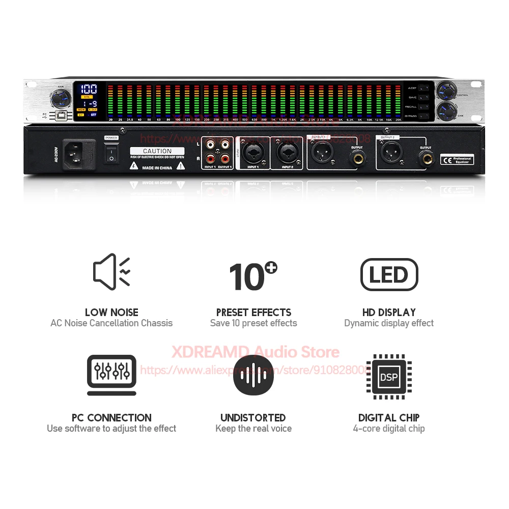 그래픽 이퀄라이저 31 밴드 오디오 디지털 효과 컨트롤러, 프로 이퀄라이저 프로세서, 무대 및 노래방 이퀄라이저, 스퀼치 포함