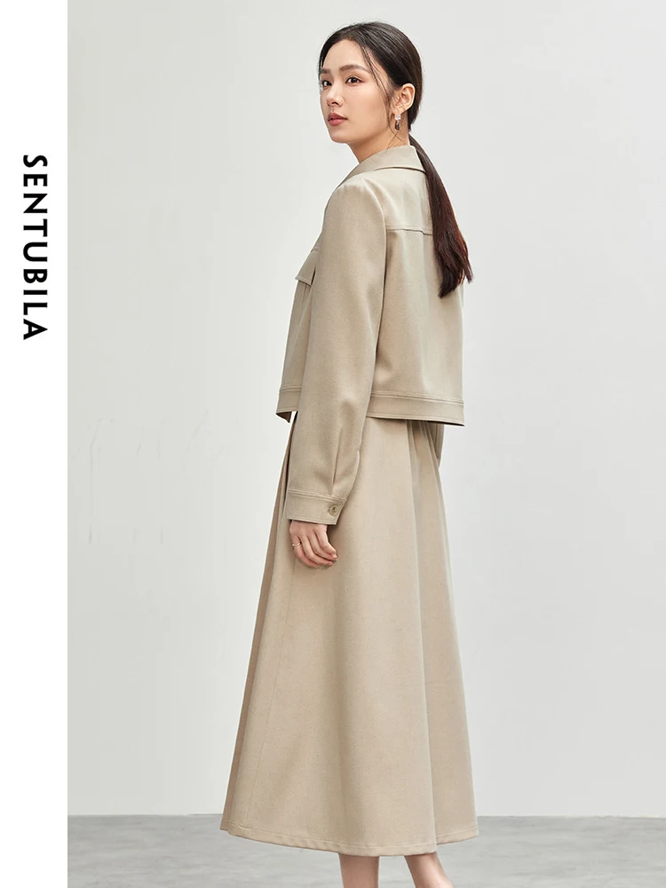 SENTUBILA Women Texture Linen Skirt Set 2024 Autumn Single Breasted Jacket Pleated A Line Skirt 2-częściowy zestaw spódnic 143Z56777