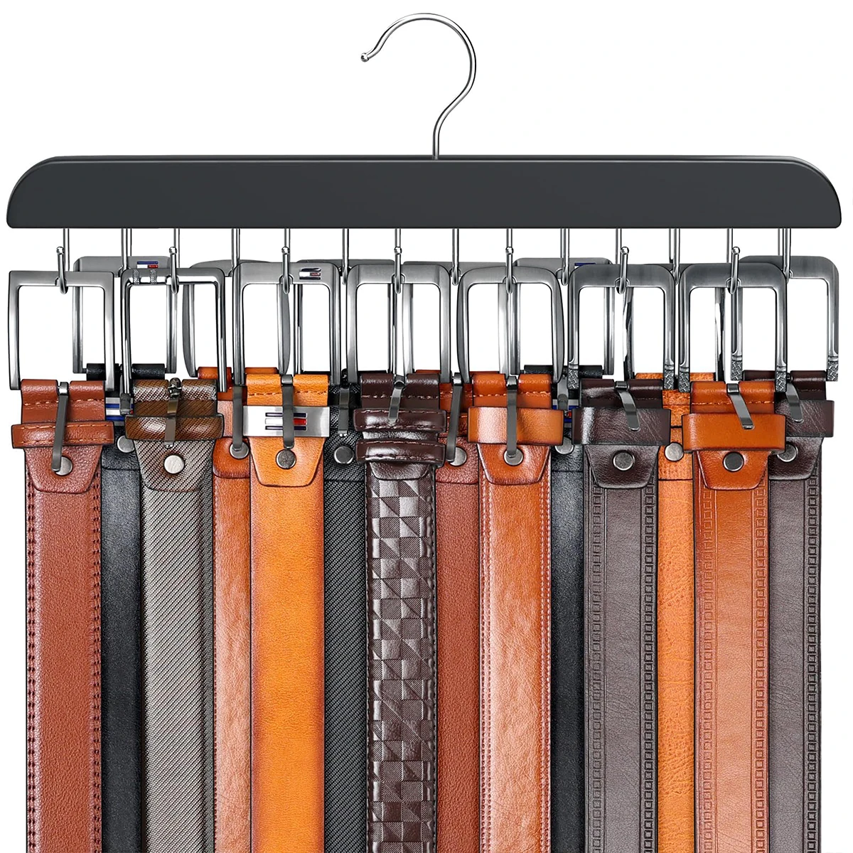 1 Pack Belt Hanger For Closet Max 42 Belts, Sturdy Wood Belt Rack Closet Accessories With 14 Hooks Closet Organizers And Storage