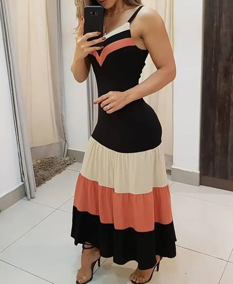 Vestido maxi com babados slim fit feminino, cinta de espaguete, moda casual, férias elegantes, contraste de cores, verão