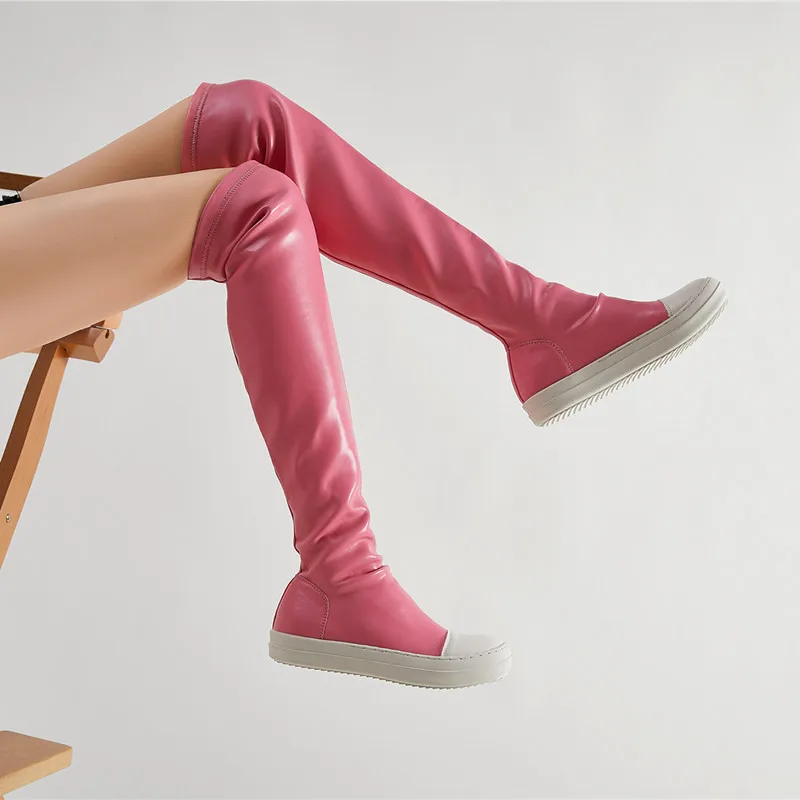 Over the knee European and American boots women's new large size 2025 versatile simple thickened bottom elastic inverted boots