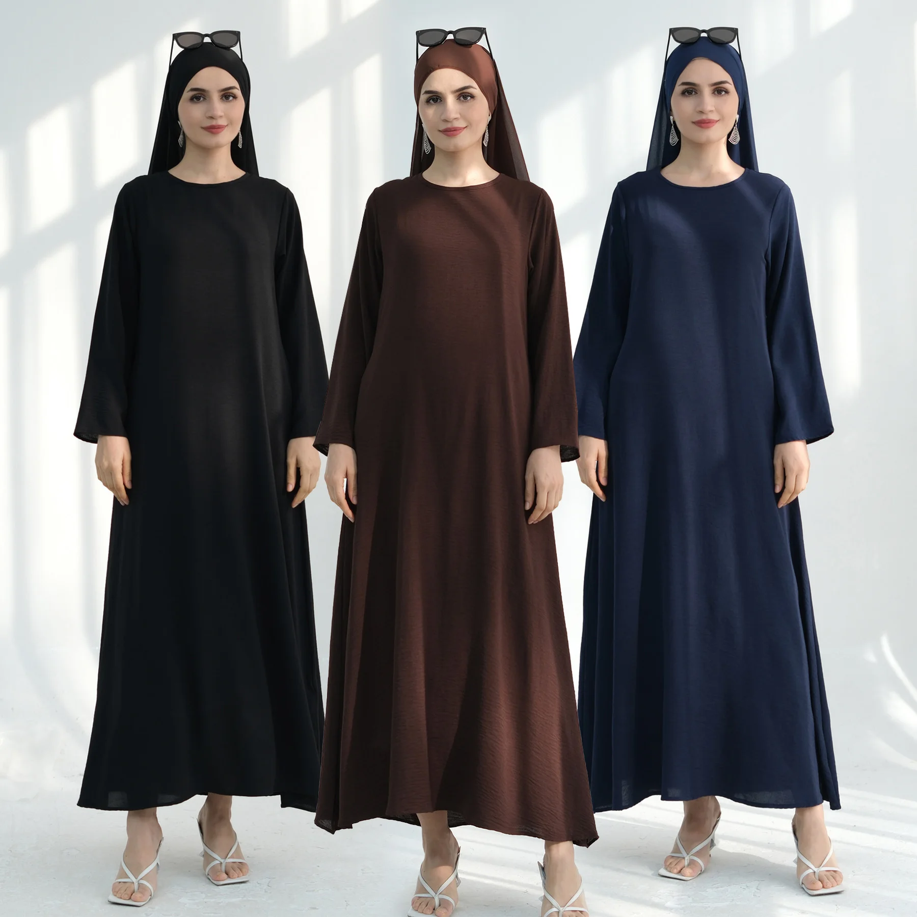 

Простое платье под Абая, мусульманское длинное женское платье с круглым вырезом и длинными рукавами и боковыми карманами, Дубай, турецкий хиджаб, исламская одежда