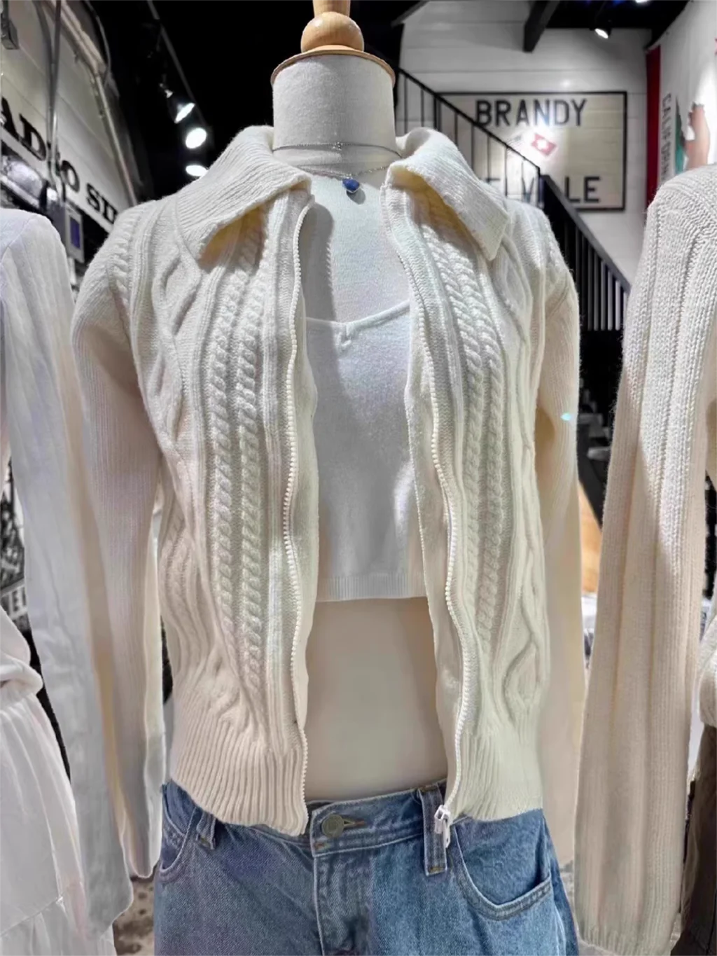 Cardigan maglione lavorato a maglia con fiori intrecciati donna autunno colletto rovesciato cerniera cappotto a maniche lunghe dolce e carino