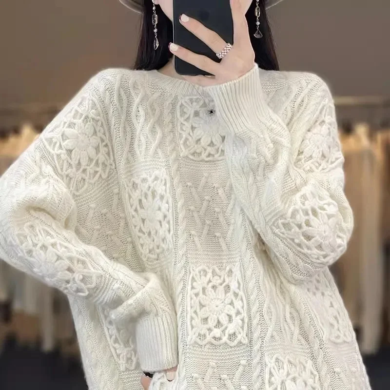 Autumn and Winter Wool Sweater Women\'s Round Neck Crochet Hollow Knitted Sweater Loose and Lazy Trendy Heavy-duty Cashmere Base