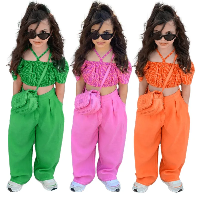 

Girls clothing summer hanging neck one shoulder pleated bubble sleeve long pants straight tube pants Children clothes set