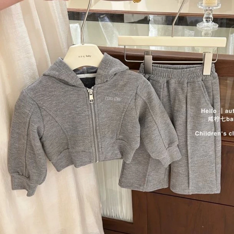 Spring Autumn New Girls Clothing Set Solid Color Hooded Zipper Coat+Pants 2Pcs Suit For 2 3 4 5 6 Years Kids Casual Outfit
