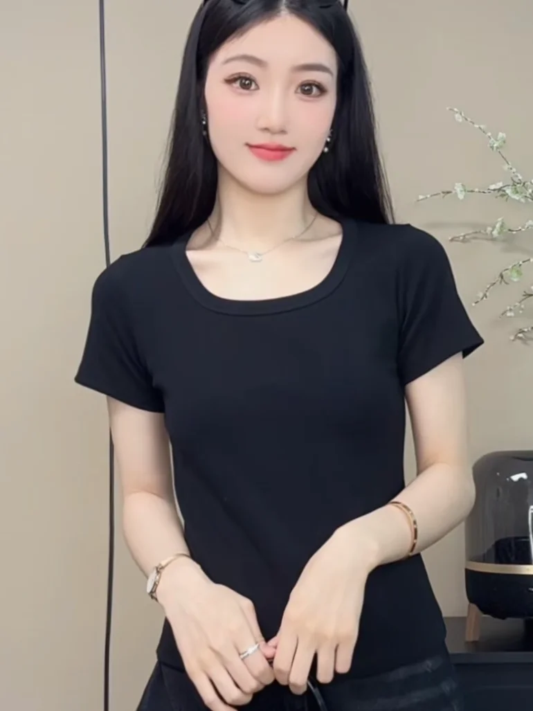 Slim Fit ort Sve T-shirt Dames Zomer Nieuwe Sle Casual Hoge Elastici Veelzijdige Losse Top Vierkante Kraag Basis irt